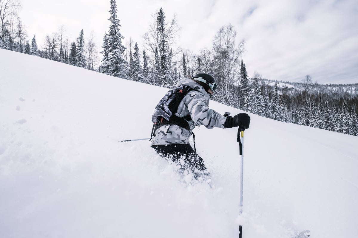 Catskiing Kazakhstan — skier in deep tree-run powder, Altai Mountains